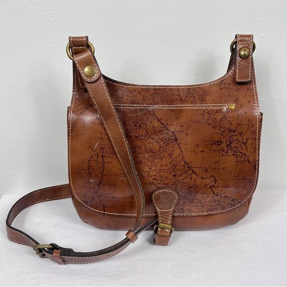 Patricia Nash London Saddle Bag Map Print in Riot Rust Brown Full Grain Leather - Picture 1 of 12